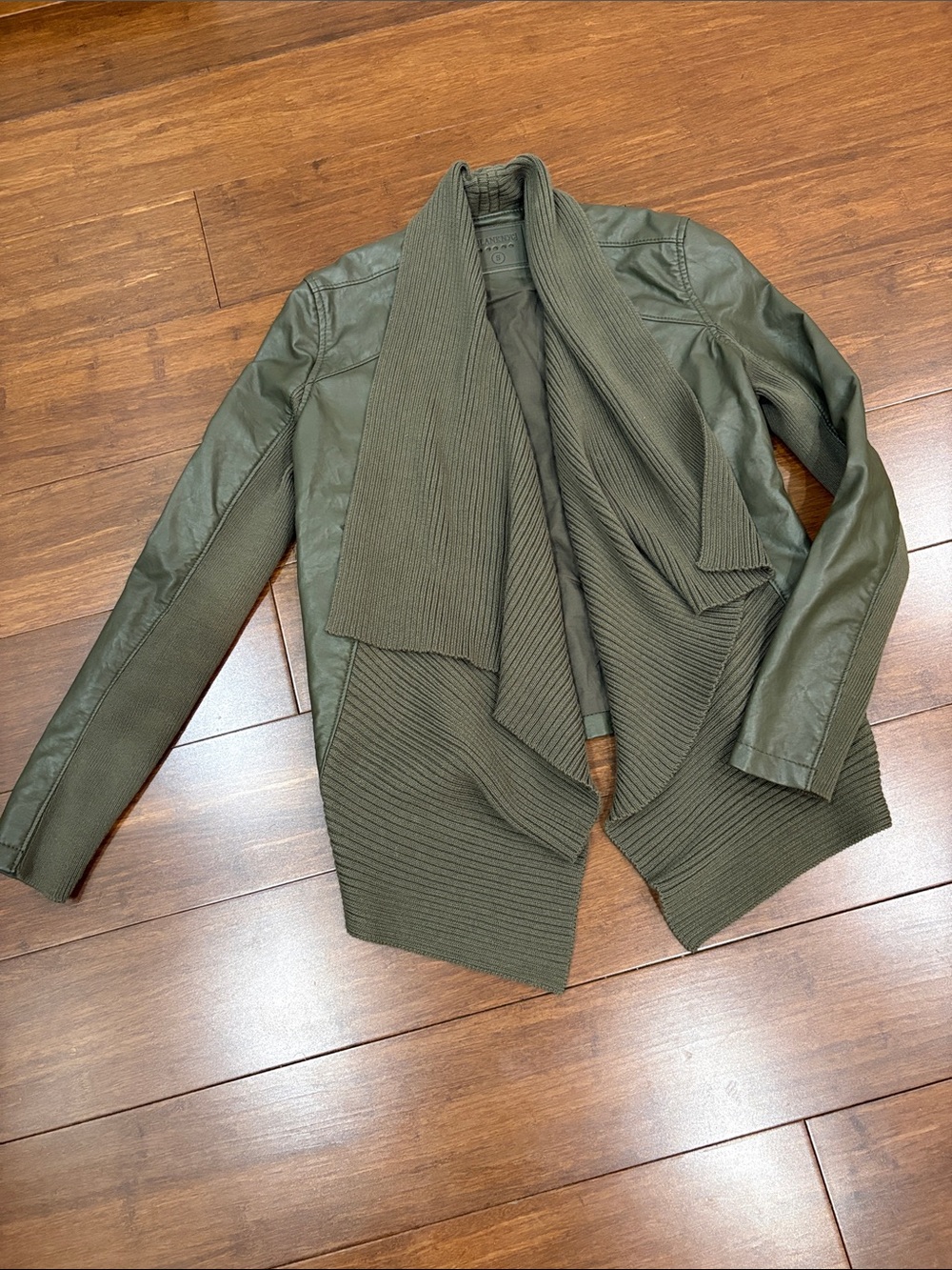 BLANK NYC Olive Green Women's Draped Knit & Faux Leather Jacket, s